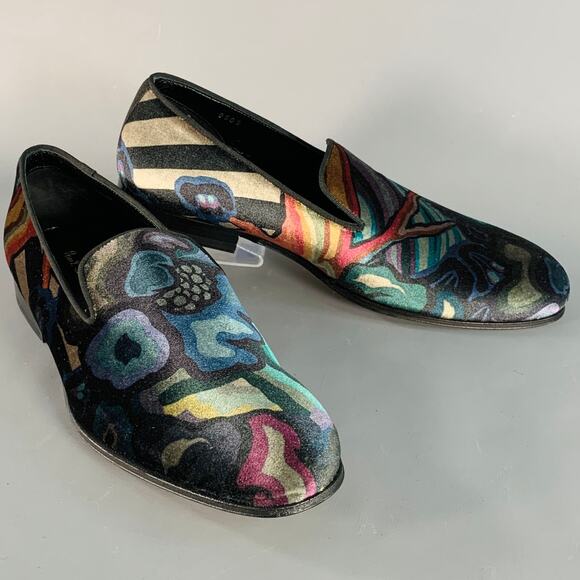 PAUL SMITH Size 8 Black Multi Color Abstract Print Velvet Slip On Loafers main image 8